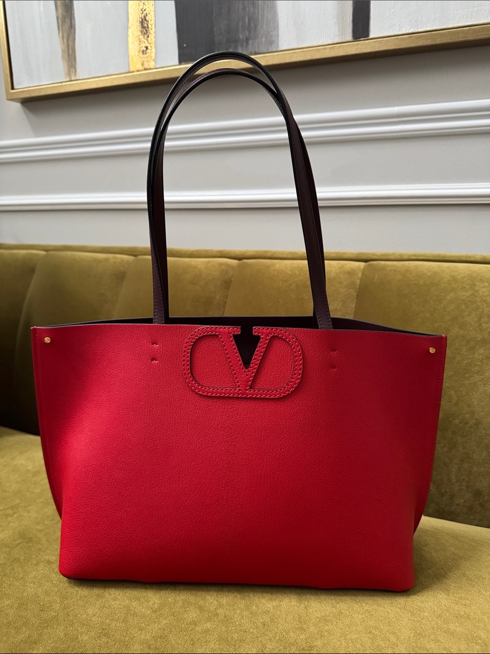 Valentino Red Leather VLogo Tote with Dark Brown( more like darker red )  Straps